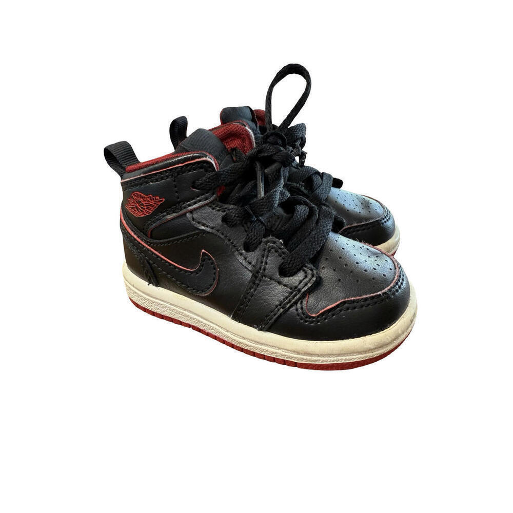 Jordan 1 Mid Shoes Baby Size 4C Black Red Air Jordan Leather Athletic 640735-028